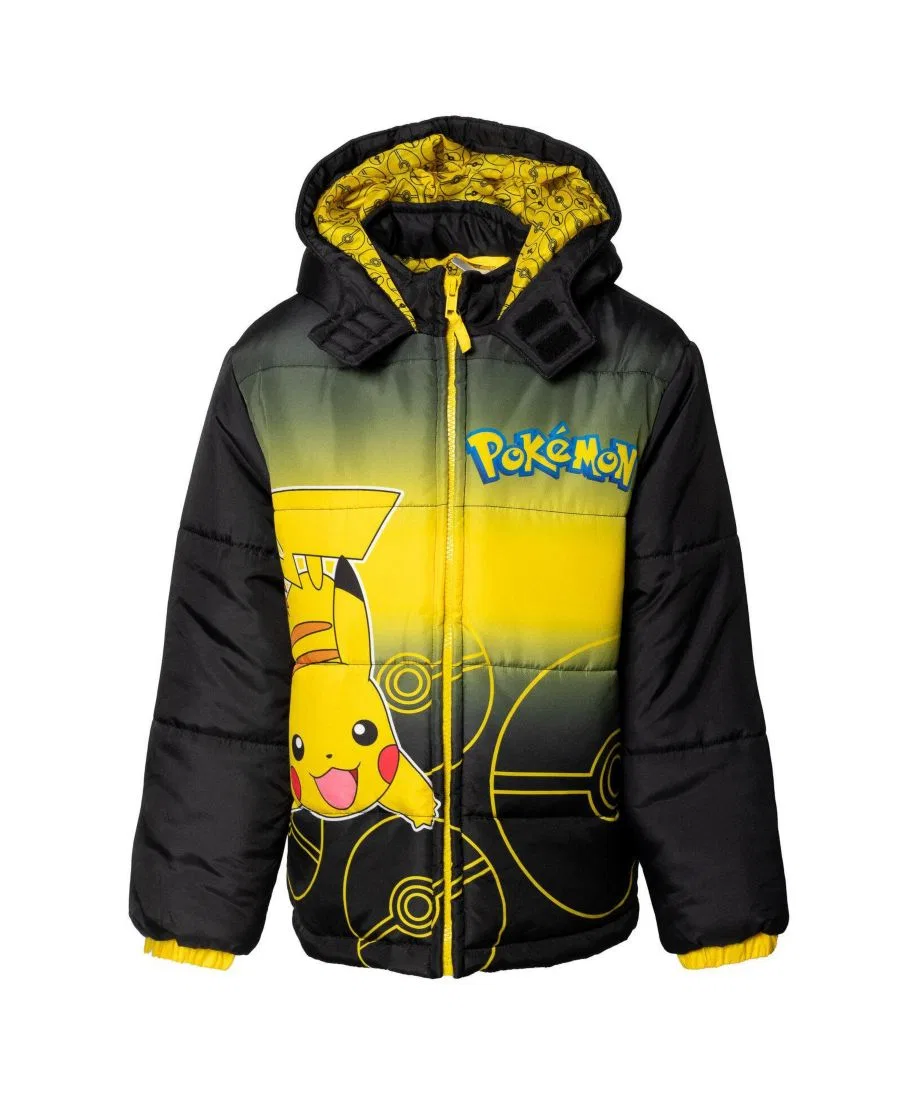 Детская куртка-пуховик с капюшоном Pikachu Pokemon, Black Yellow Pikachu