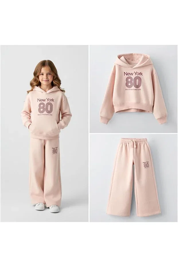 Детский комплект толстовки и брюк для девочек с принтом New York Hooded Girls' Tracksuit Set Seabubbles, Powder