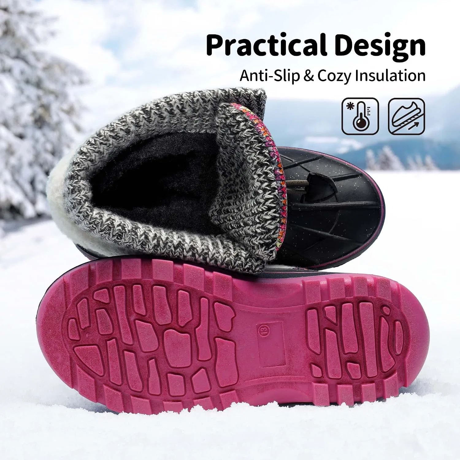 Детские зимние водонепроницаемые снежные ботинки DREAM PAIRS, Grey/Fuchsia — фото 4