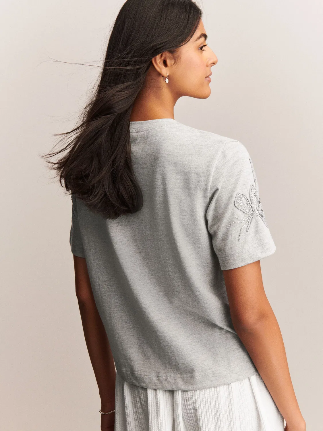 Футболка с цветочным принтом и декором, Grey Floral Print Embellished Next, серый — фото 3