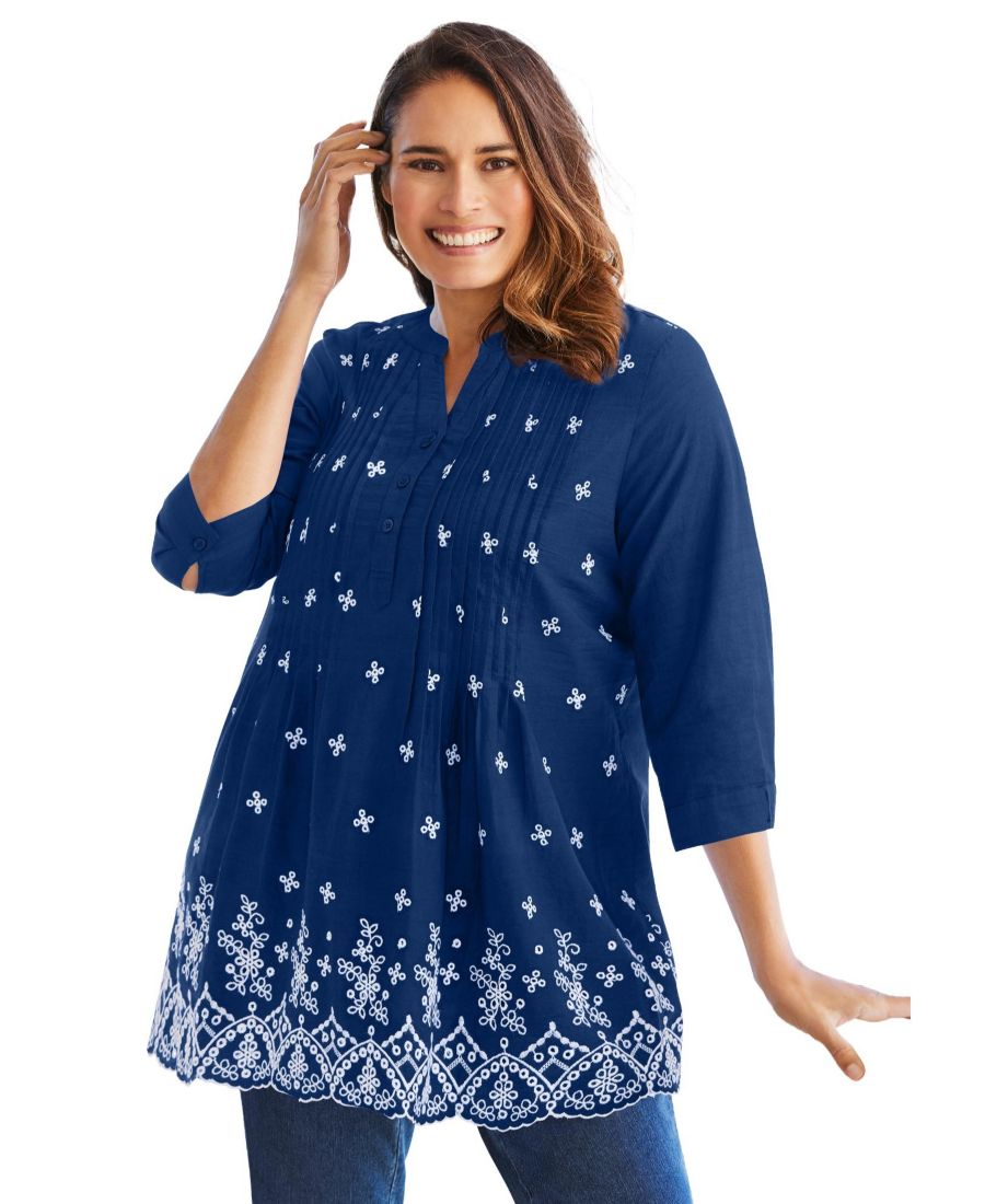 

Женская туника больших размеров с вышивкой и складками Woman Within, Evening blue eyelet embroidery