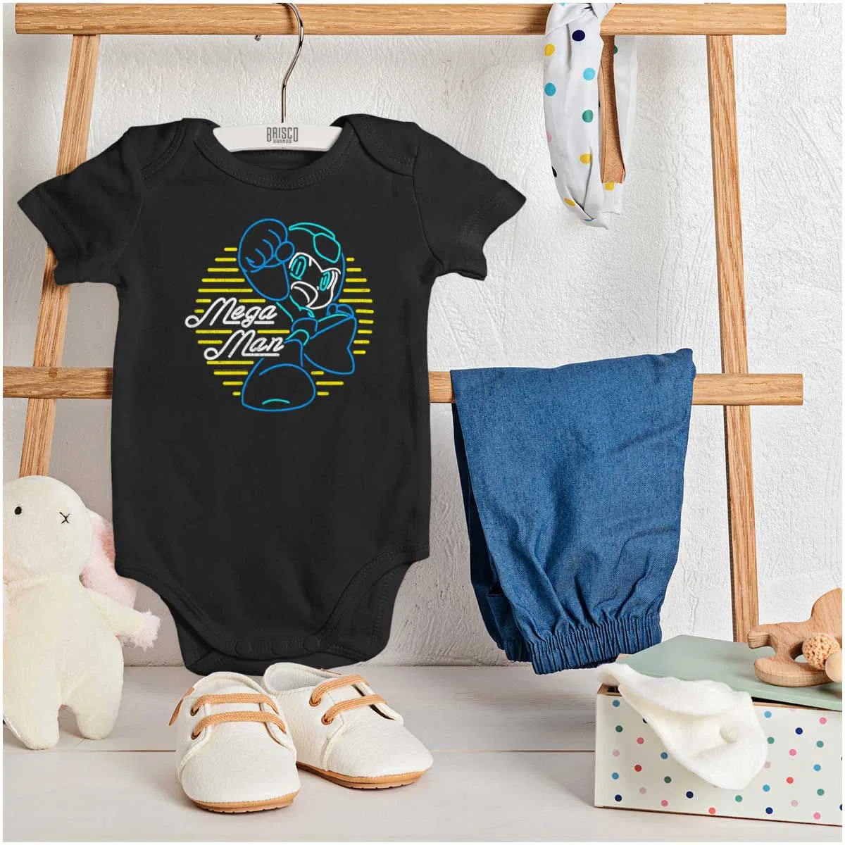 Детское боди-комбинезон с коротким рукавом Mega Man Rockman Video Game Neon Sign Brisco Brands, Black — фото 3