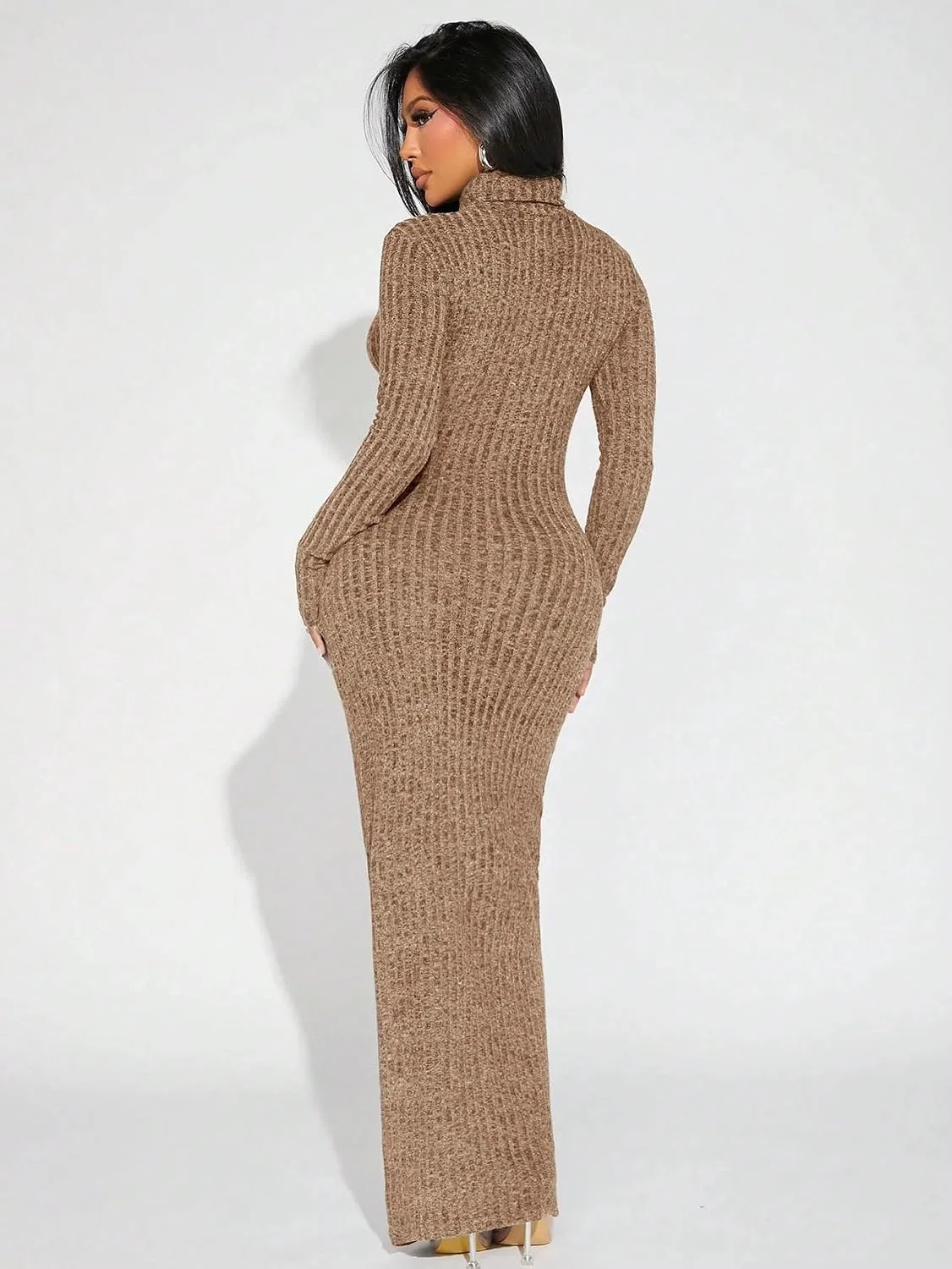 Женское облегающее платье макси с высоким воротом Bodycon, Mocha Brown — фото 4