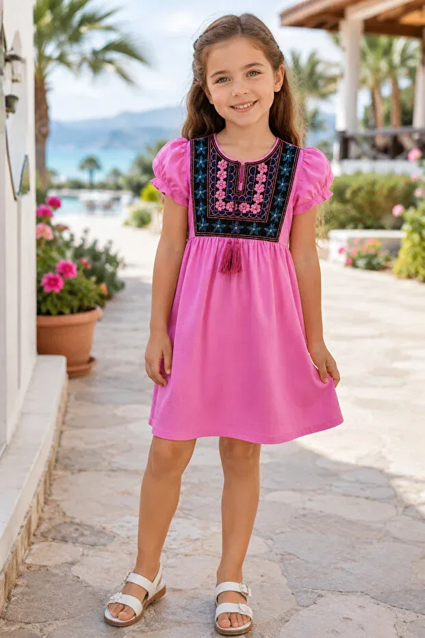 Детское платье для девочек с вышивкой Yalçınoğlu Kids, Pink