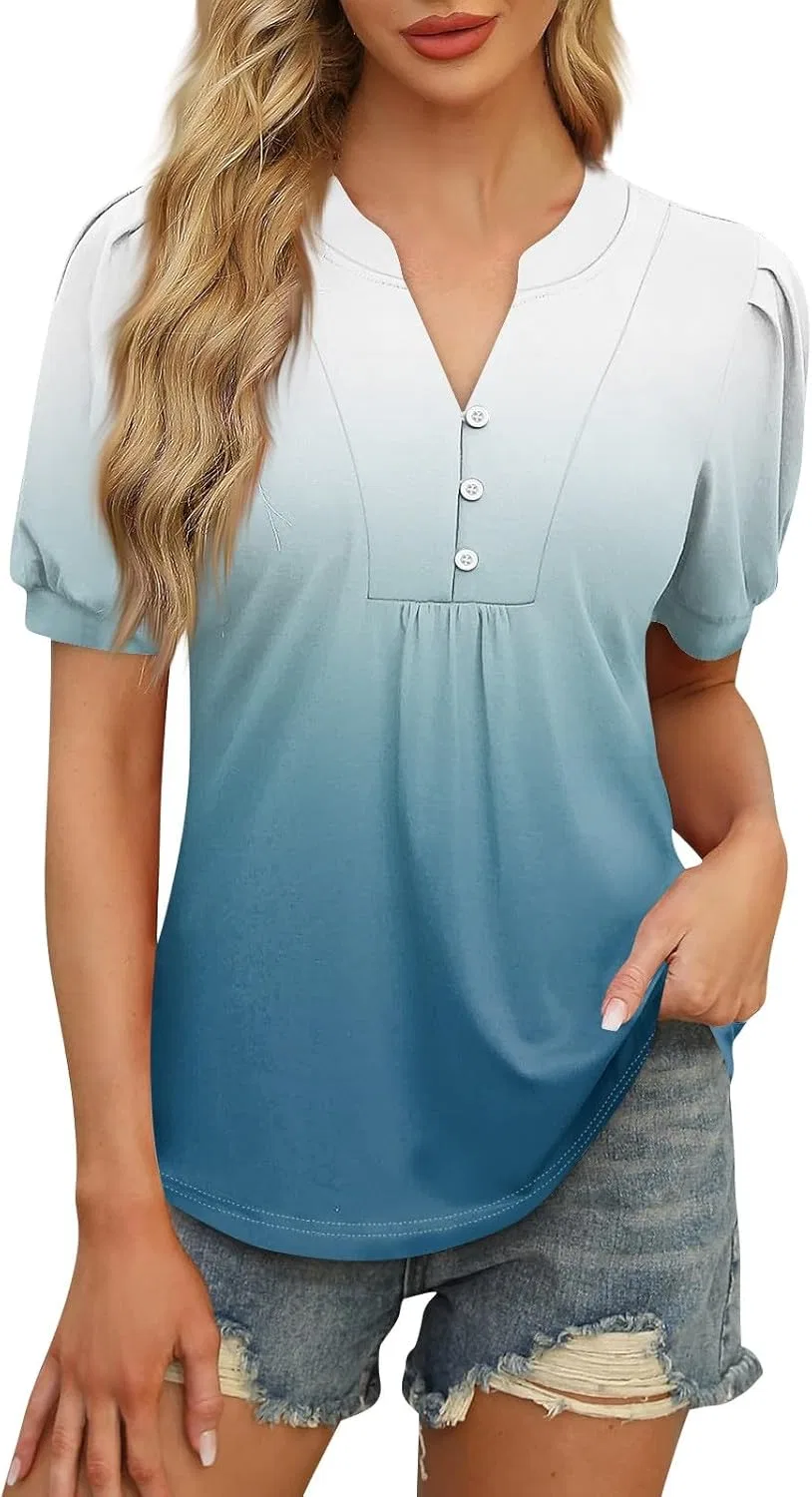 Женская блуза с буфовыми рукавами V-образным вырезом, Striped, Sky Blue