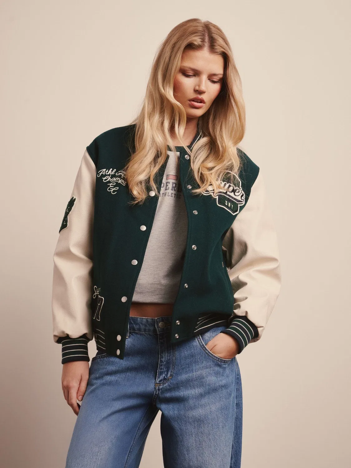 Куртка бомбер, патч, Varsity Superdry, зеленый