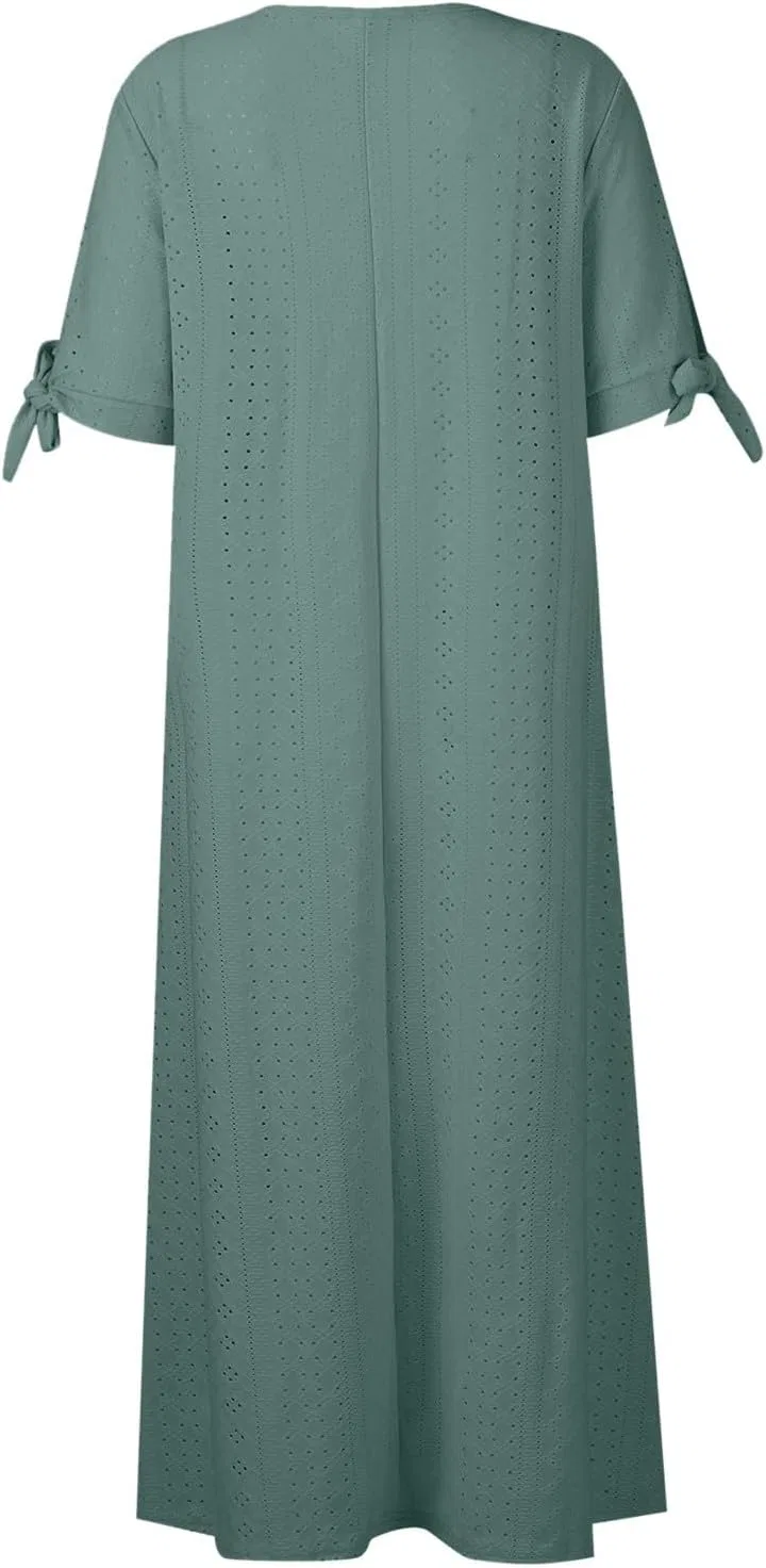 Женское летнее платье макси с вышивкой и завязками, Dark Green — фото 4