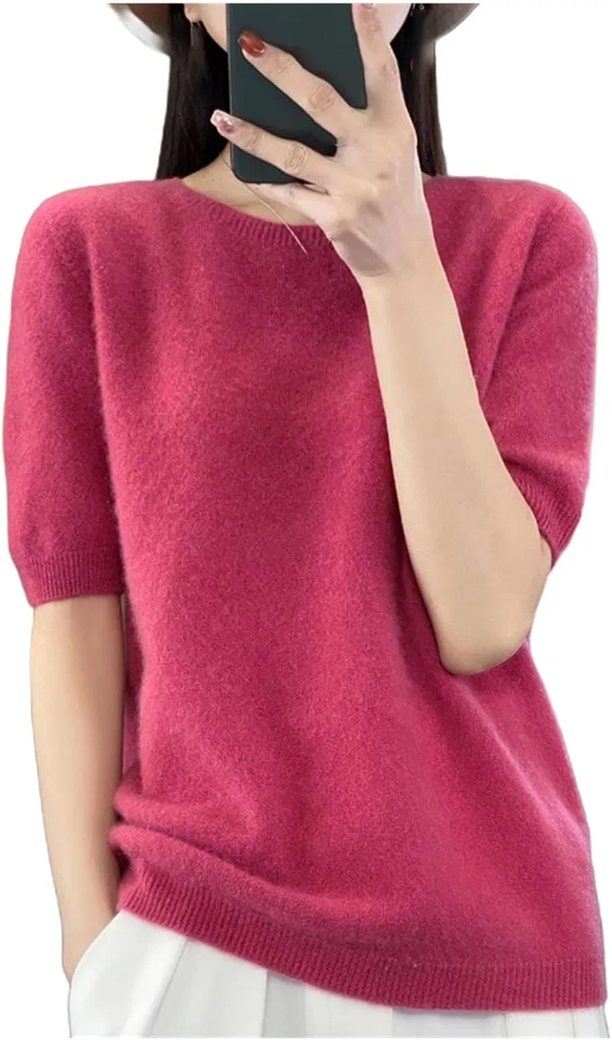 Женский пуловер с коротким рукавом, 100% мериносовая шерсть, Raspberry Red