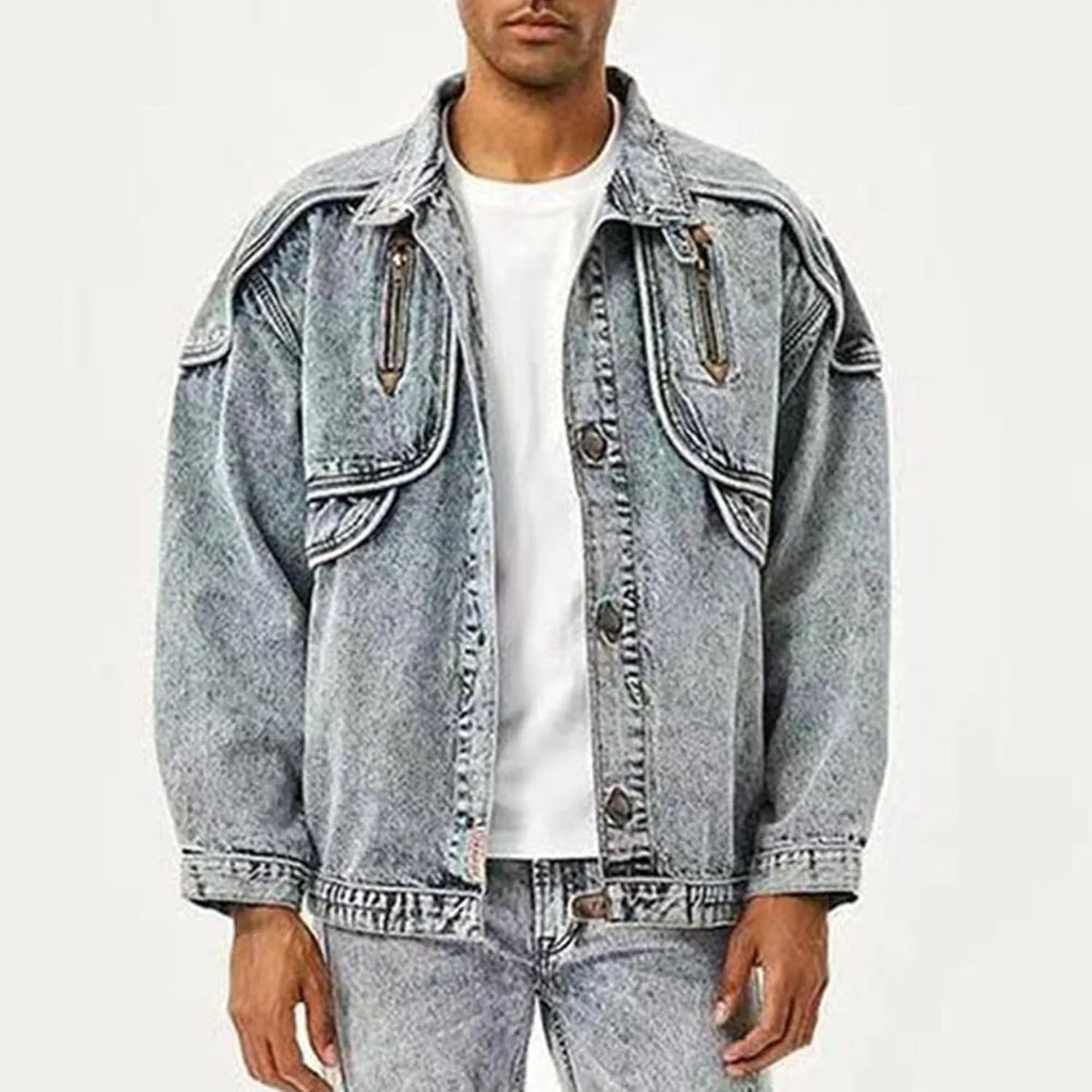 Мужская джинсовая куртка с пуговицами, Vintage Denim Cowboy Jacket, тёмно-синий — фото 4