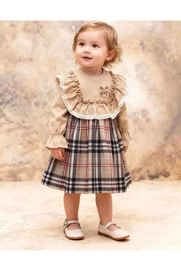 Детское платье для девочек с вышивкой Teddy bear embroidered ruffled girl's dress Gocoland, Beige — фото 2