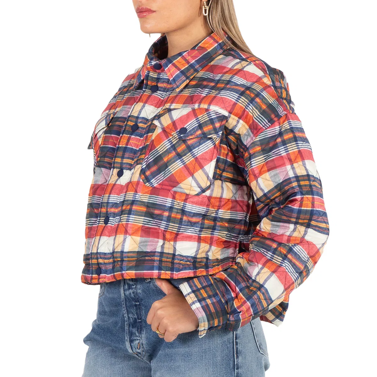 Куртка-бомбер стеганая в клетку Quilted Check Cropped Shell Jacket Polo Ralph Lauren, Blue/Red/Gold Multi — фото 2