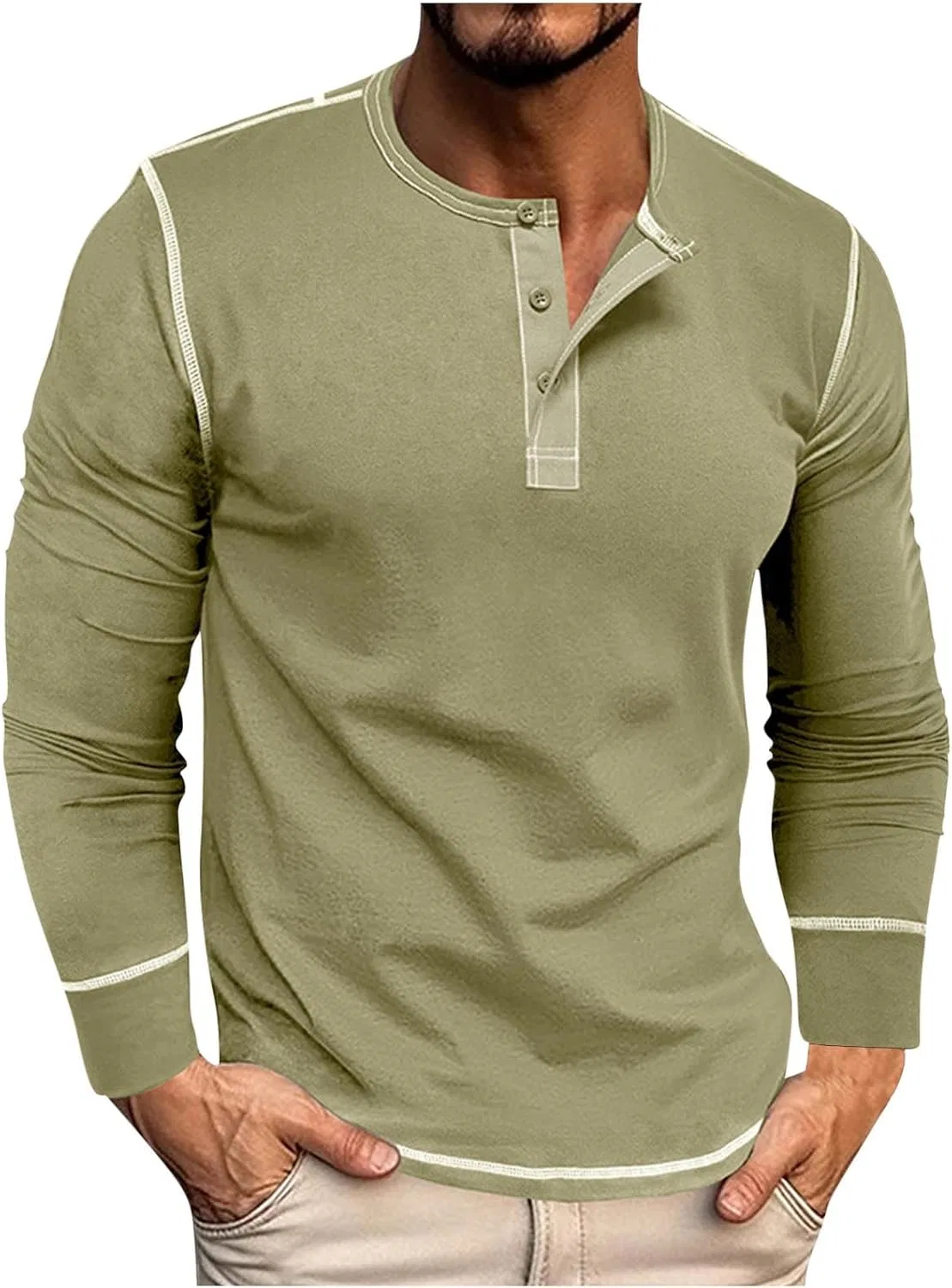 Мужская футболка с длинным рукавом Henley из хлопка, Green