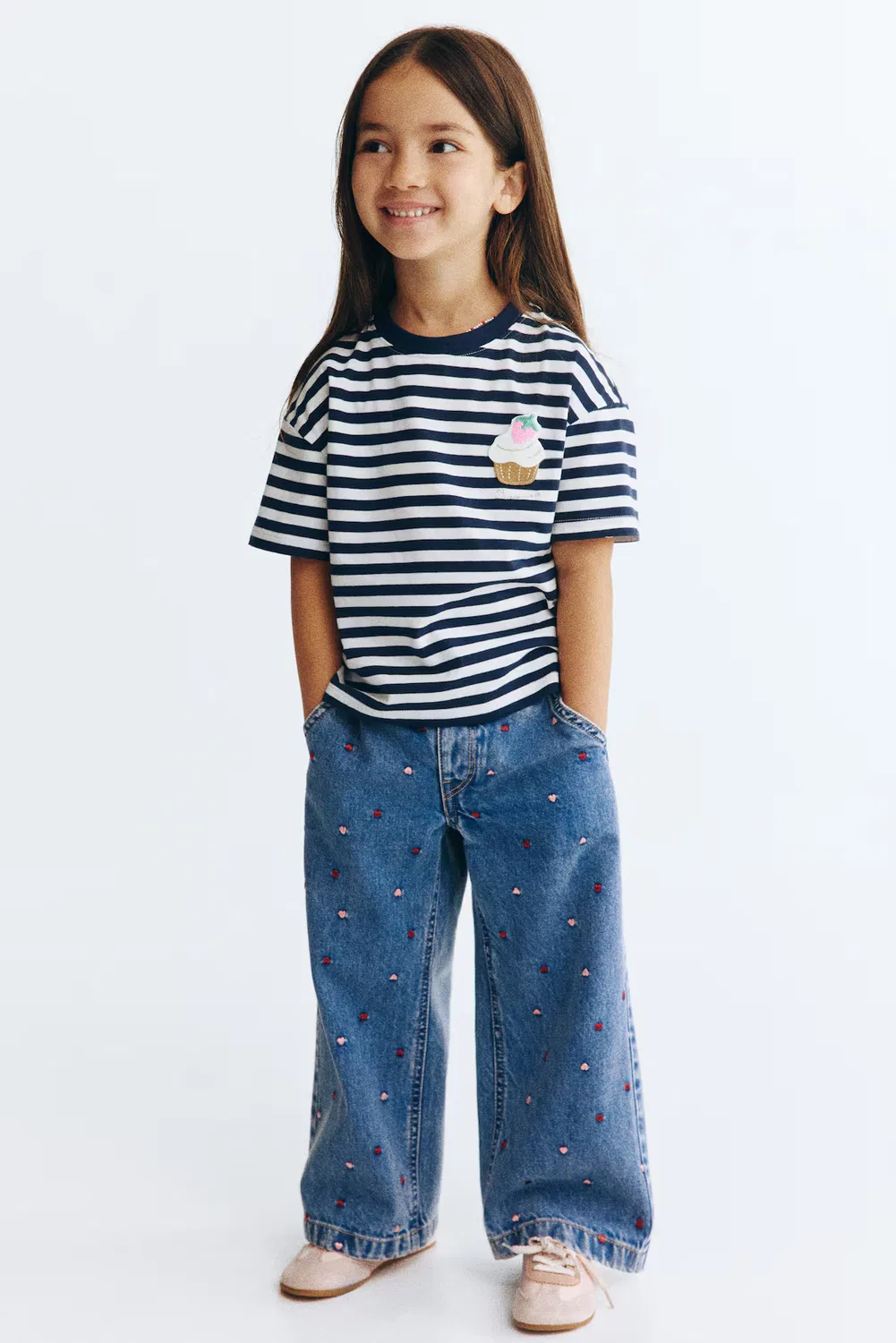 Джинсы с широкими штанинами и поясом-кулиской H&M, Denimblau/Herzen