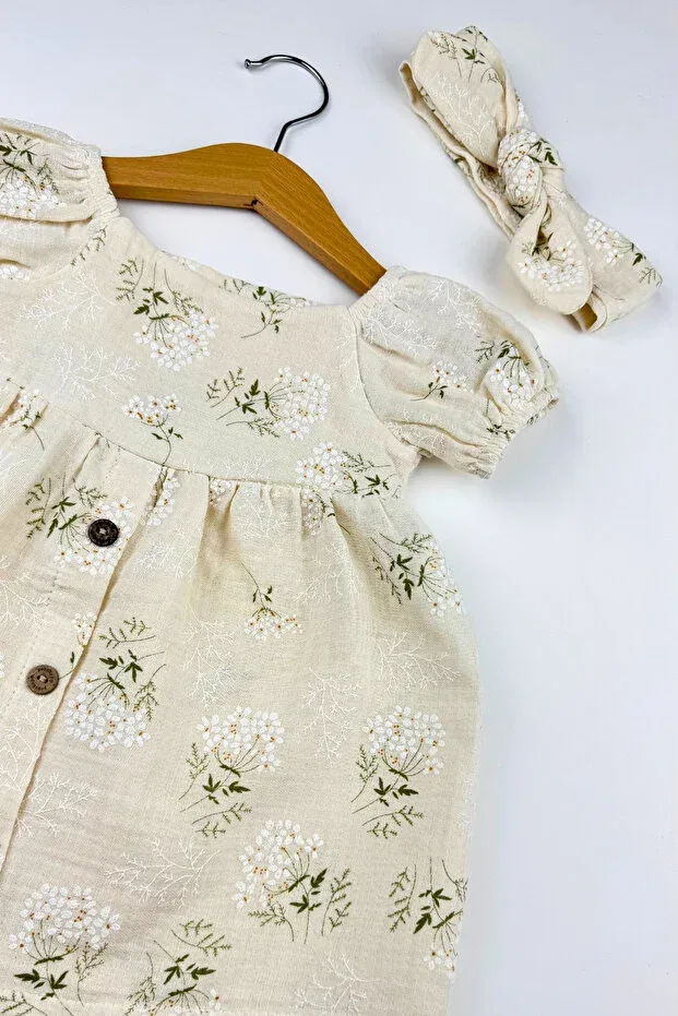 Детское платье для девочек с принтом Floral patterned balloon sleeve bandana girl dress Globaby, Ecru — фото 3