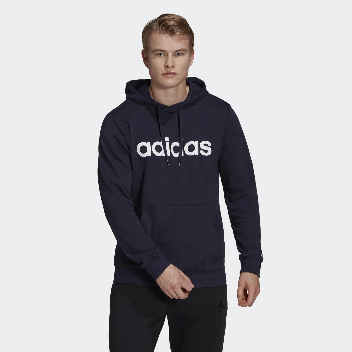 Мужское худи с принтом Essentials French Terry Linear Logo, Adidas, Petrolblau / Weiss