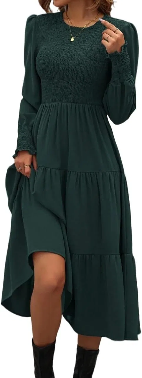 Женское повседневное платье миди с воланами и рукавами-буфами, Dark Green