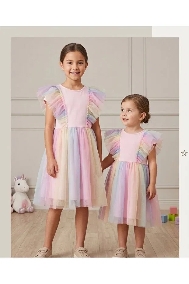 Детское платье из фатина для девочек с коротким рукавом Lavenirkids, Pink