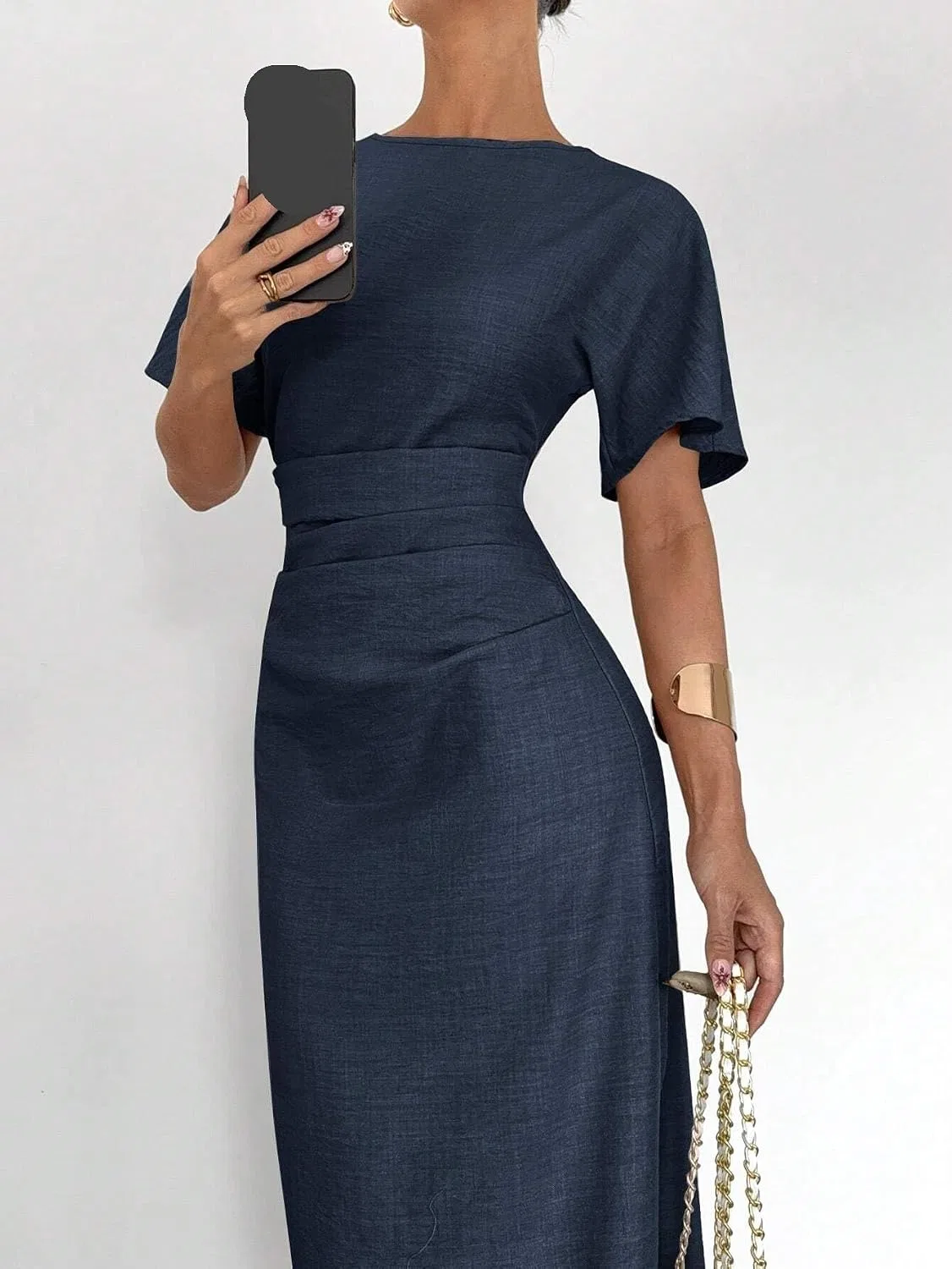 Женское элегантное платье A-силуэта с батwing рукавами, Navy Blue — фото 3