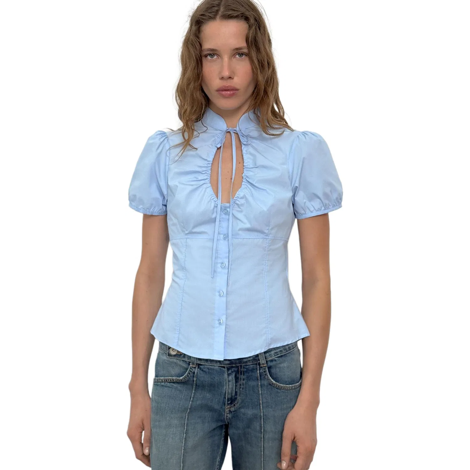 Женская рубашка с длинным рукавом, светлая, Light Blue, ZARA, Light Blue — фото 4