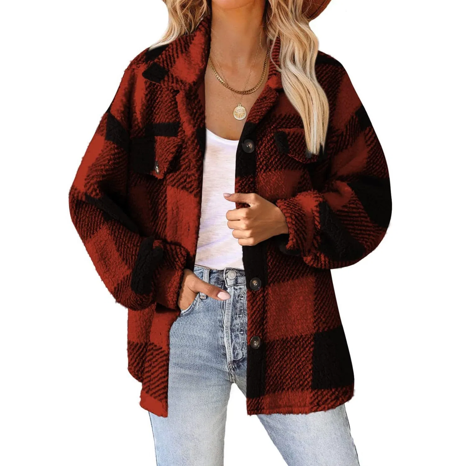 Женское флисовое пальто с принтом Winter Loose Casual Ladies Plaid Lamb Fleece Jacket, Red — фото 4
