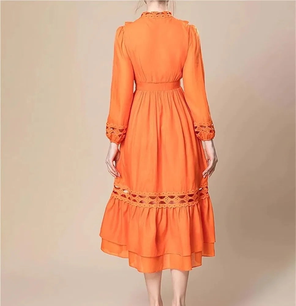 Женское платье с воланами и принтом, Flowy Ruffled Flowing Long Skirt Splice Summer Women's Elegant Embossed Dress Hollow Casual Cascading Draped Design Gown, оранжевый — фото 2