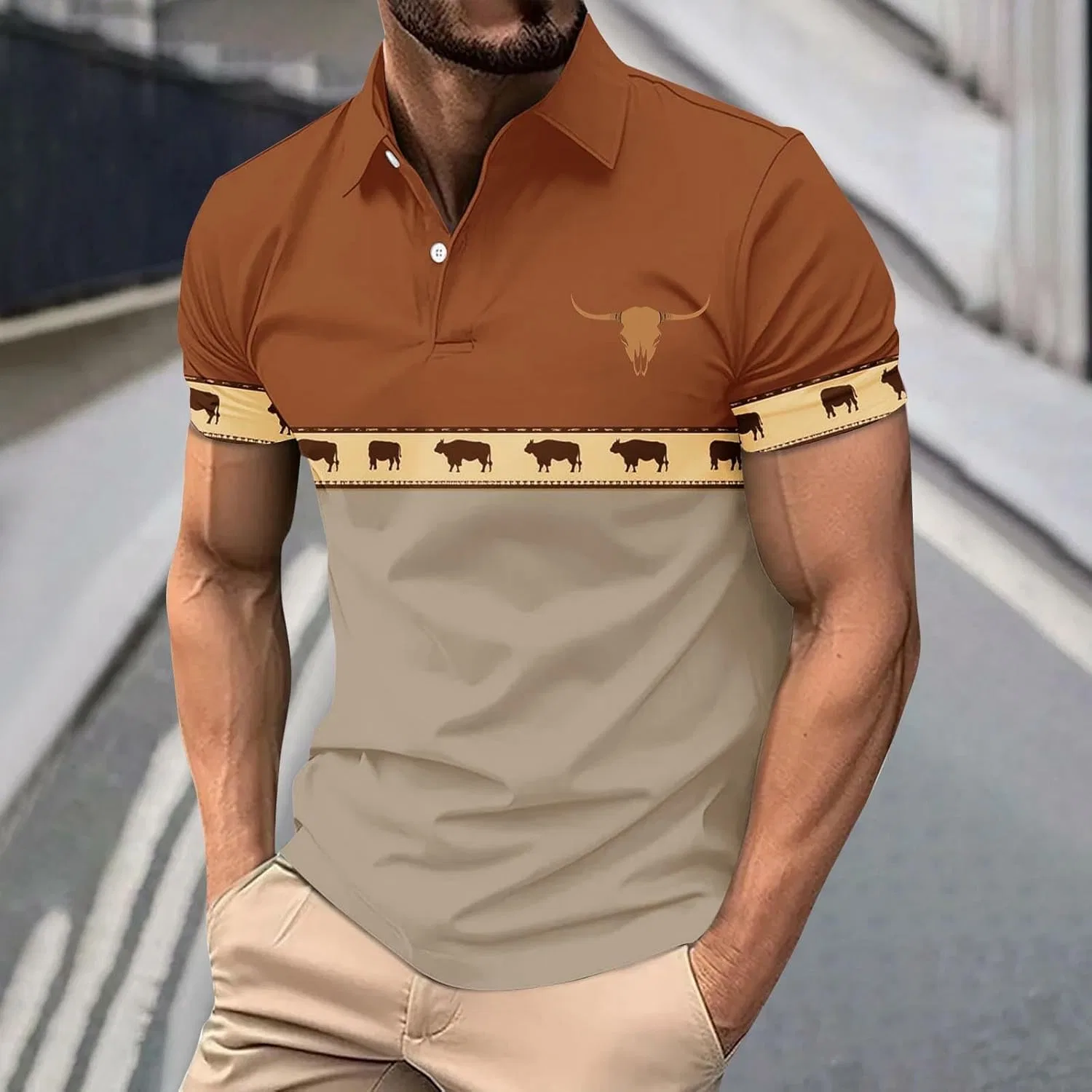 Мужская свободная гавайская рубашка с пуговицами, Khaki — фото 2