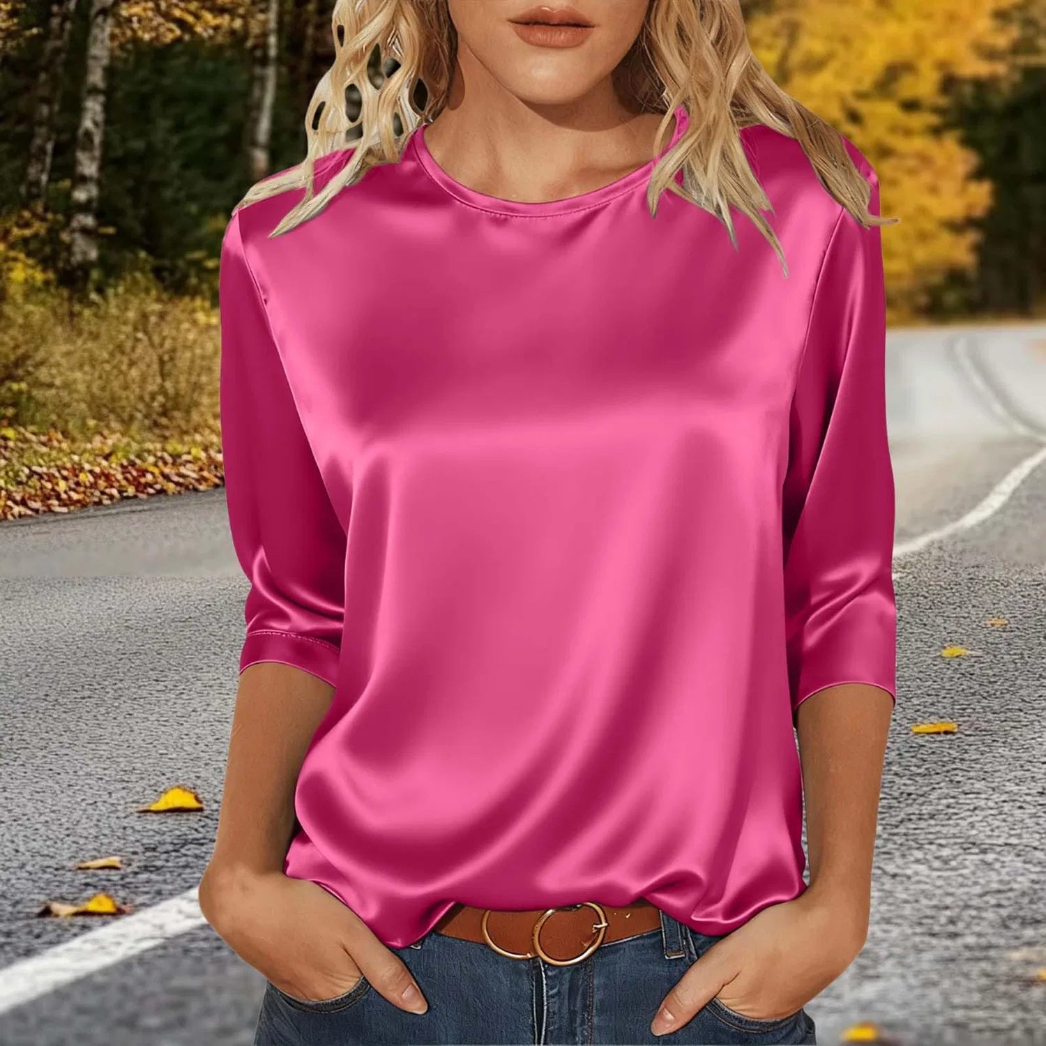 Женская блузка из атласа с длинным рукавом 3/4, модель без названия, Hot Pink — фото 2