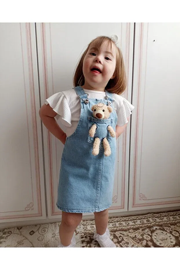 Детский комбинезон из денима Teddy bear detailed slopet dress Minnie Baby, Blue — фото 4