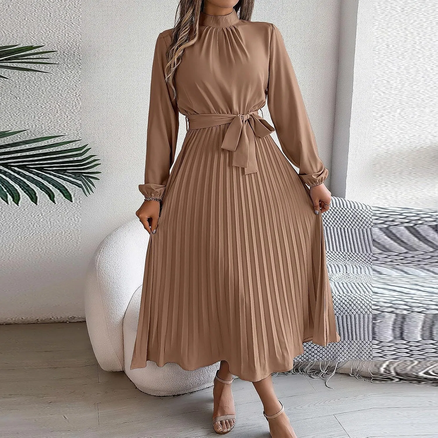 Женское длинное платье миди с галстуком на талии A-line, Khaki — фото 2