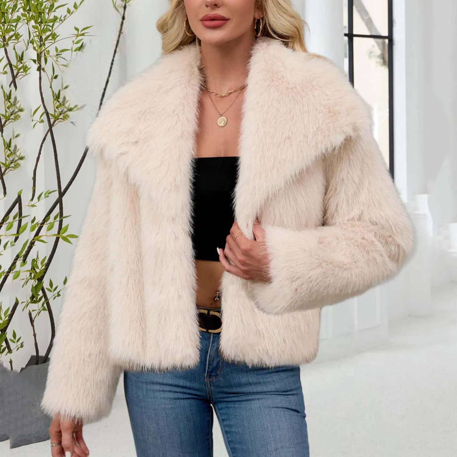 Женское зимнее пальто из искусственного меха с длинным рукавом, Beige B — фото 2