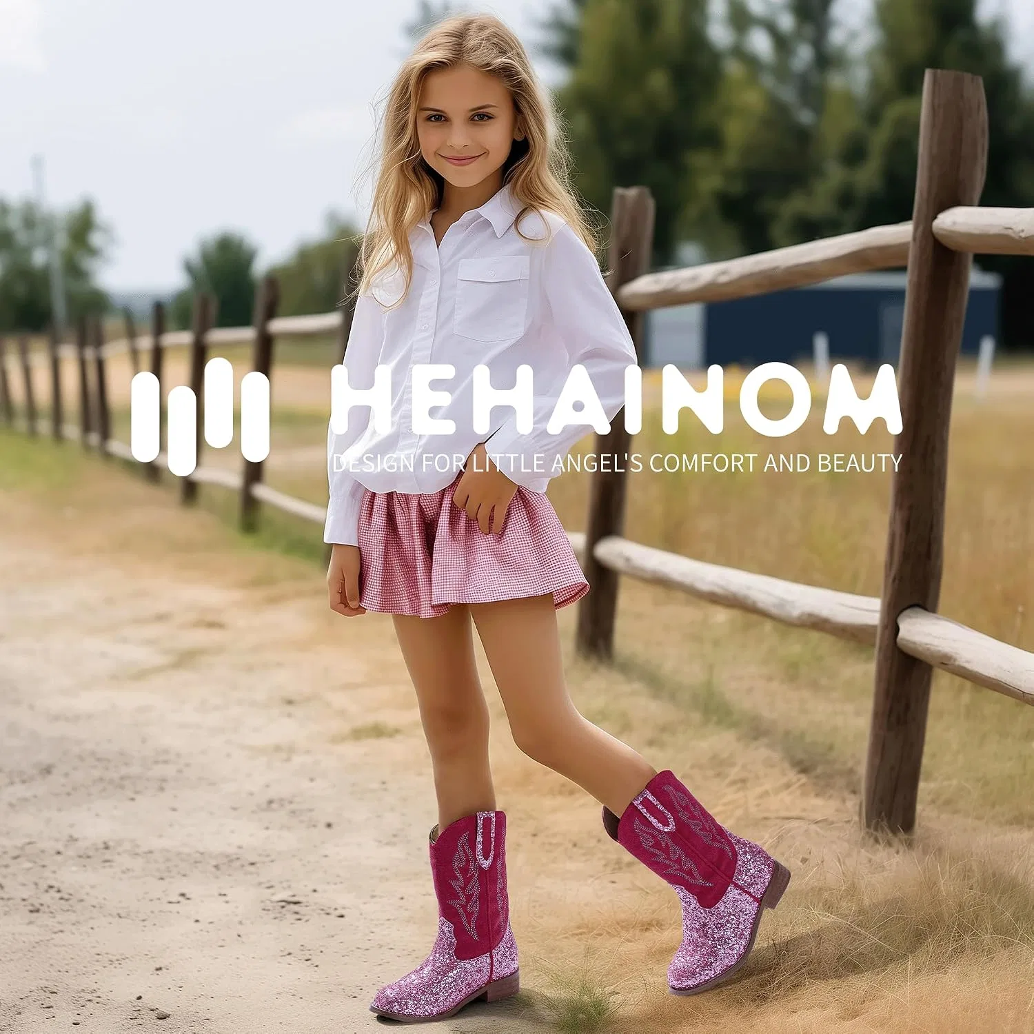Детские сапоги для девочек с вышивкой Cowgirl Boots Hehainom, Pinksequin — фото 3