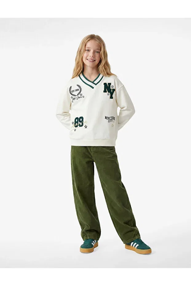 Детские свитшот для девочек с принтом Embroidery detailed long sleeve v-neck sweatshirt Koton, Ecru