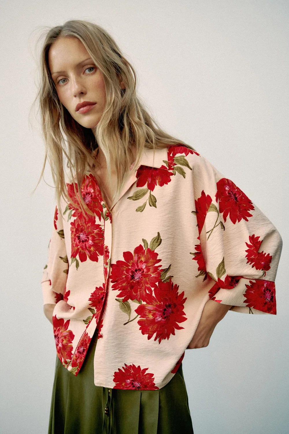 Рубашка с цветочным принтом ZARA, Ecru/Red — фото 4