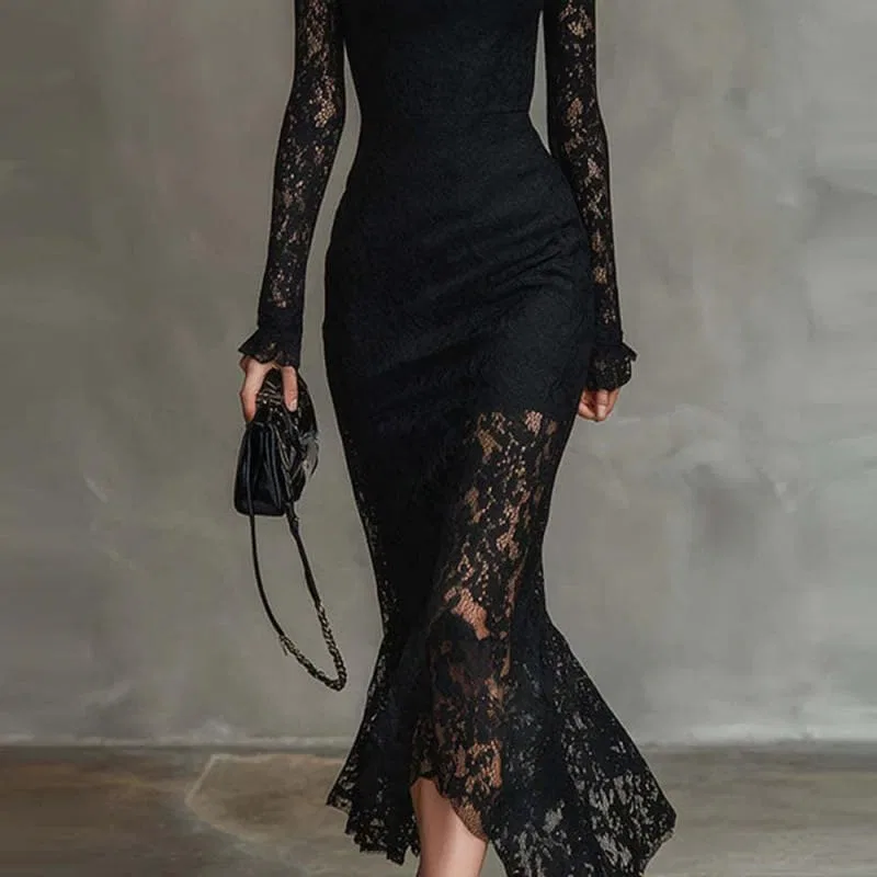 Женское элегантное кружевное макси-платье с длинным рукавом, Black — фото 4