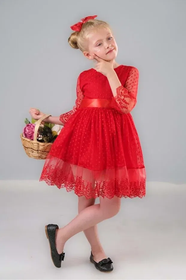 Детское платье для девочек с кружевом Dream Luxury Lace Mnk, Red — фото 4