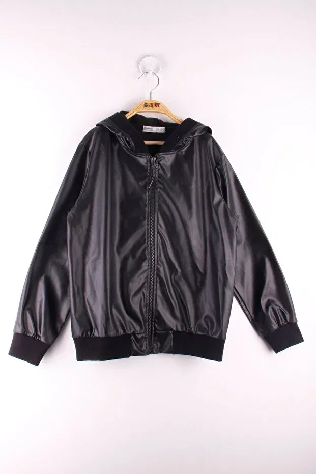 Детское пальто для девочек с капюшоном кожаное Bomber Jacket Toontoy, Black