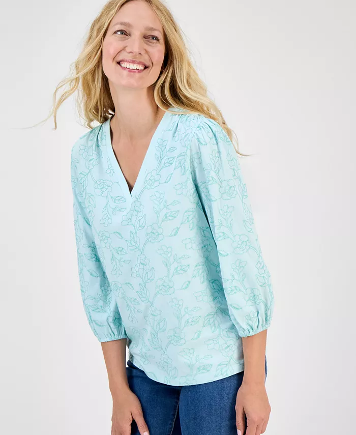 

Style & Co Petite Футболка с V-образным вырезом и цветочной вышивкой Macy's, зеленый