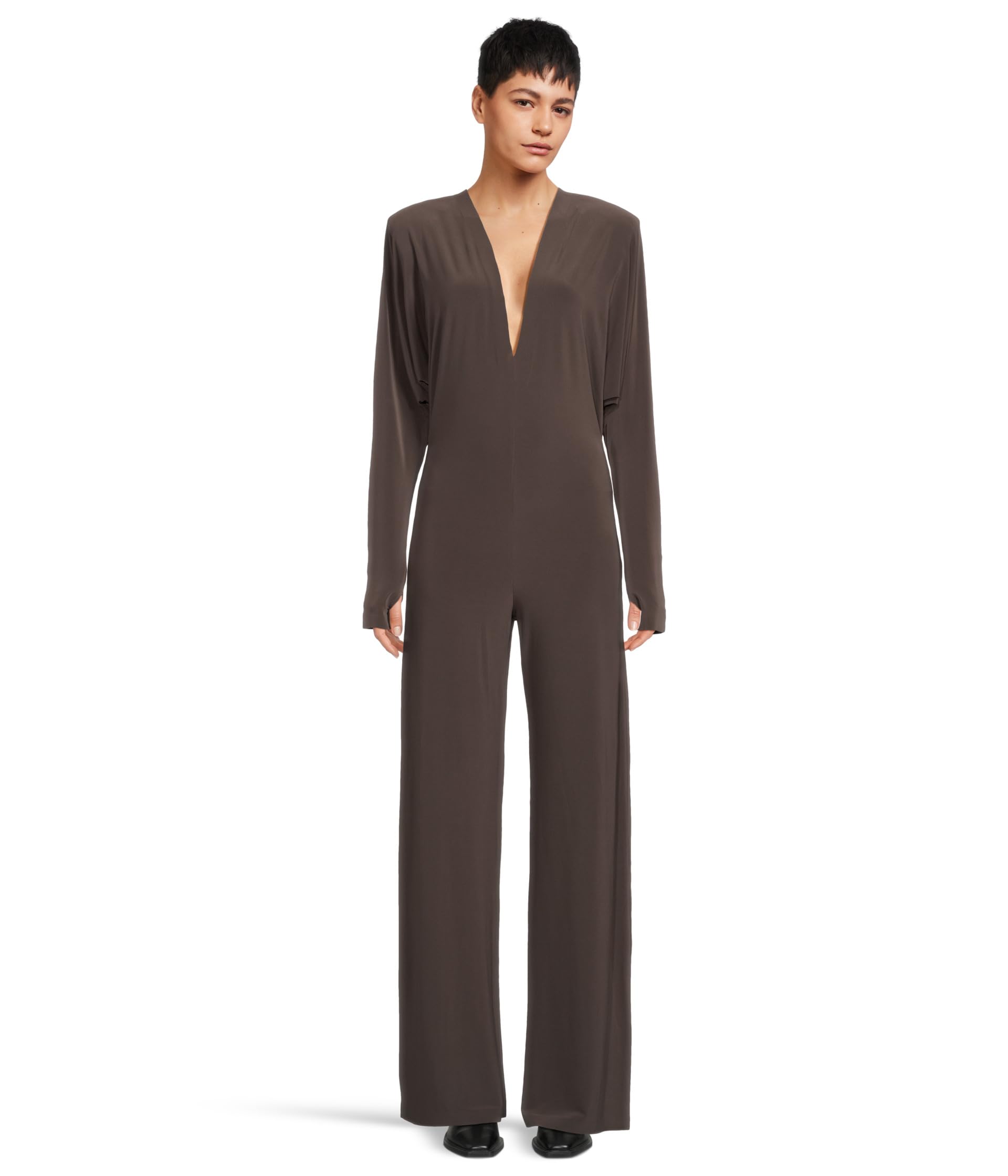 

Комбинезон Norma Kamali Dolman V-Neck Jumpsuit w/ Shoulder Pads, цвет Espresso