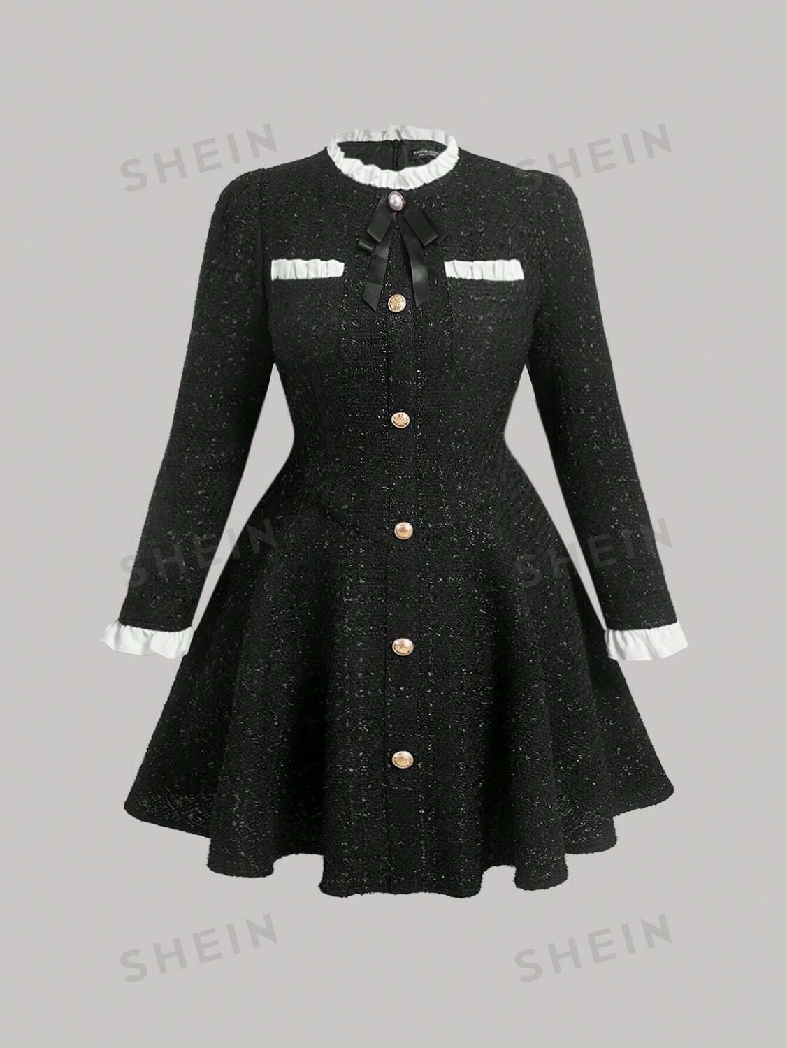 

Платье MOD Plus, контрастный край, бант спереди, ткань твид Shein, черный