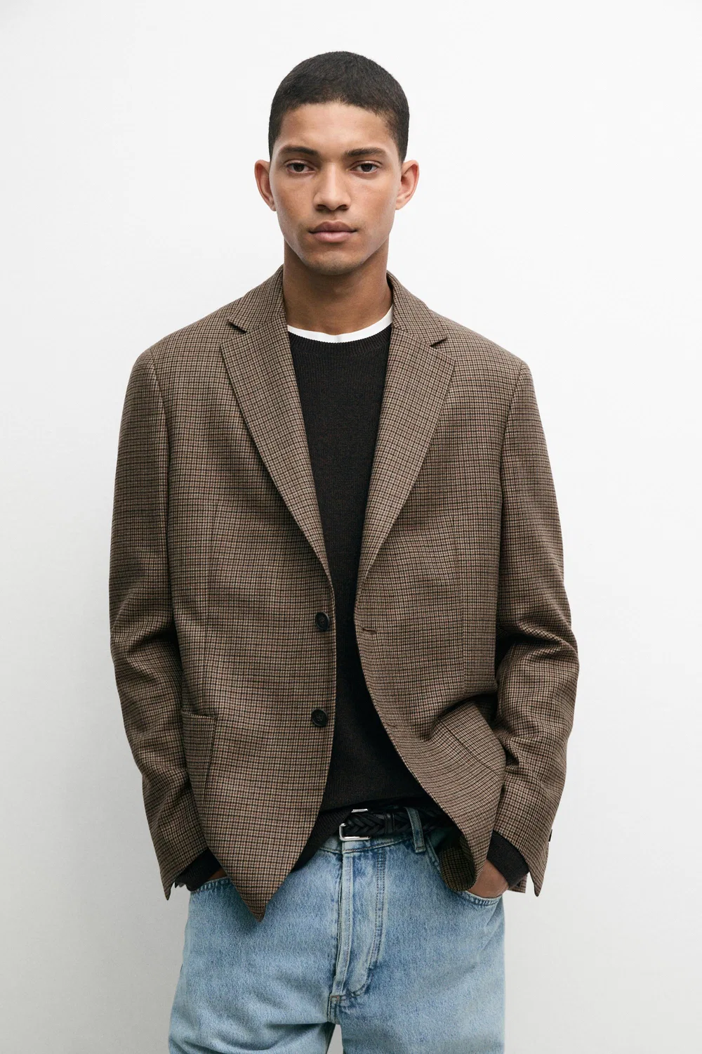 Блейзер Massimo Dutti, из шерсти в клетку «гусиная лапка», бежевый меланж