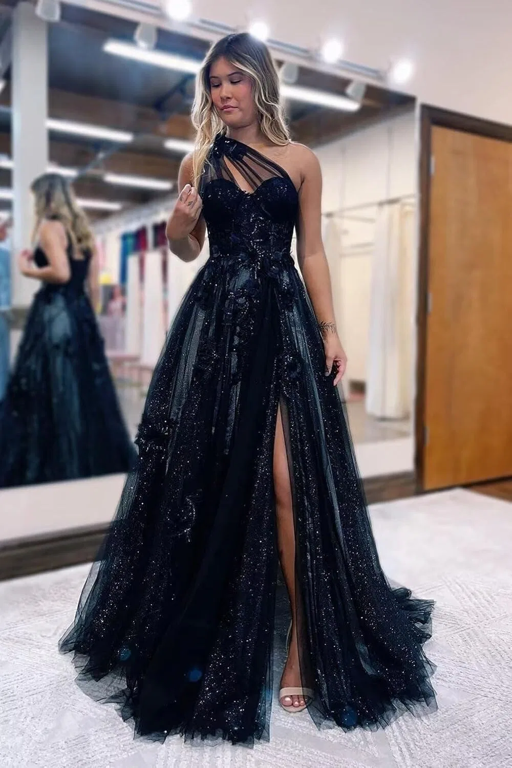 Женское вечернее платье с одним плечом и шлейфом, Navy Blue — фото 4
