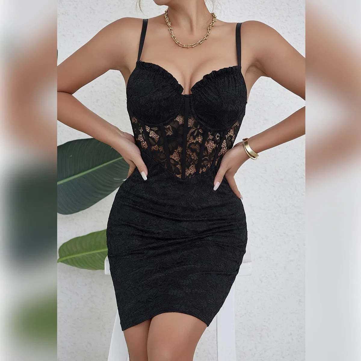 Женское платье мини с цветочным кружевом Hotsweet, Black — фото 2