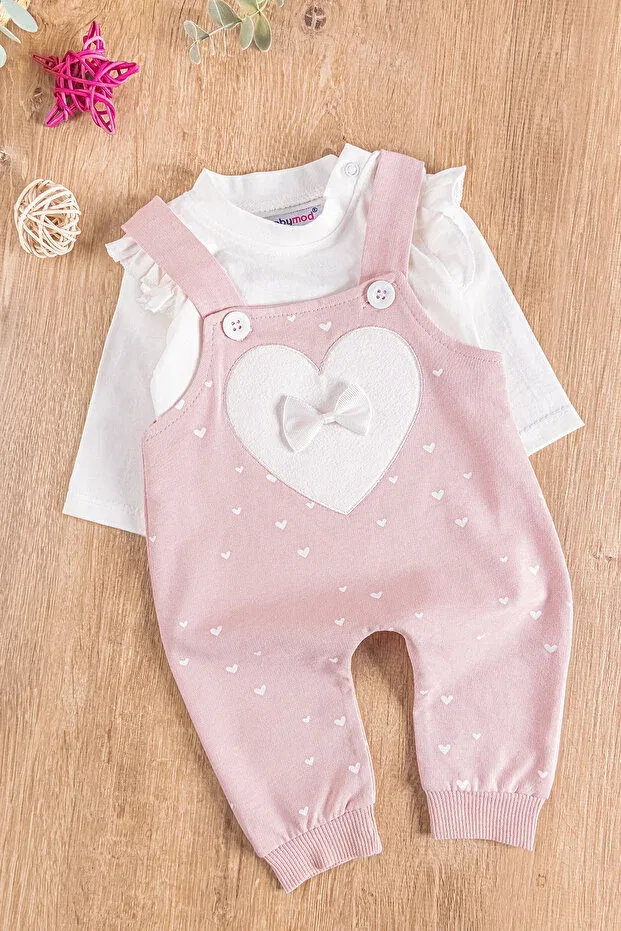 Детский комбинезон для девочек хлопковый с принтом Heart Patterned Bow Babymod, Powder