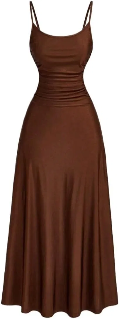 Женское длинное коктейльное платье на бретелях с разрезом, Brown