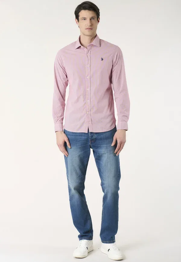 Рубашка хлопковая Camicia da uomo a righe slim fit con colletto alla francese U.S. Polo Assn., Pink, розовый — фото 2