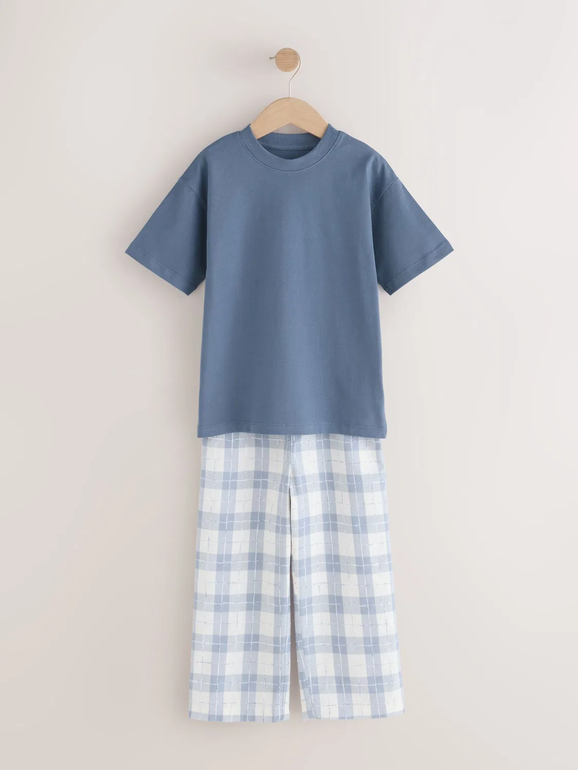 Пижама из однотонной ткани в клетку, модель Blue/White Single Woven Check, бренд Next, цвет синий/белый — фото 3