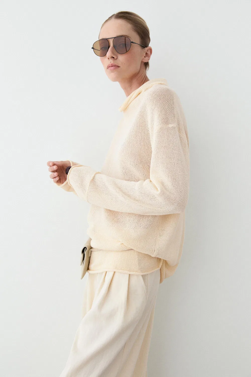 Свитер Massimo Dutti Хлопковый вязаный с ажурной отделкой, кремовый — фото 2