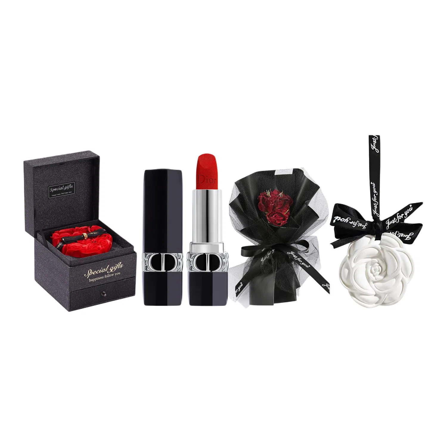 Женская помада DIOR Rouge Dior Velvet #999 с камелией и набором, Black Beauty Bouquet, Rose Box, DIOR, Красный