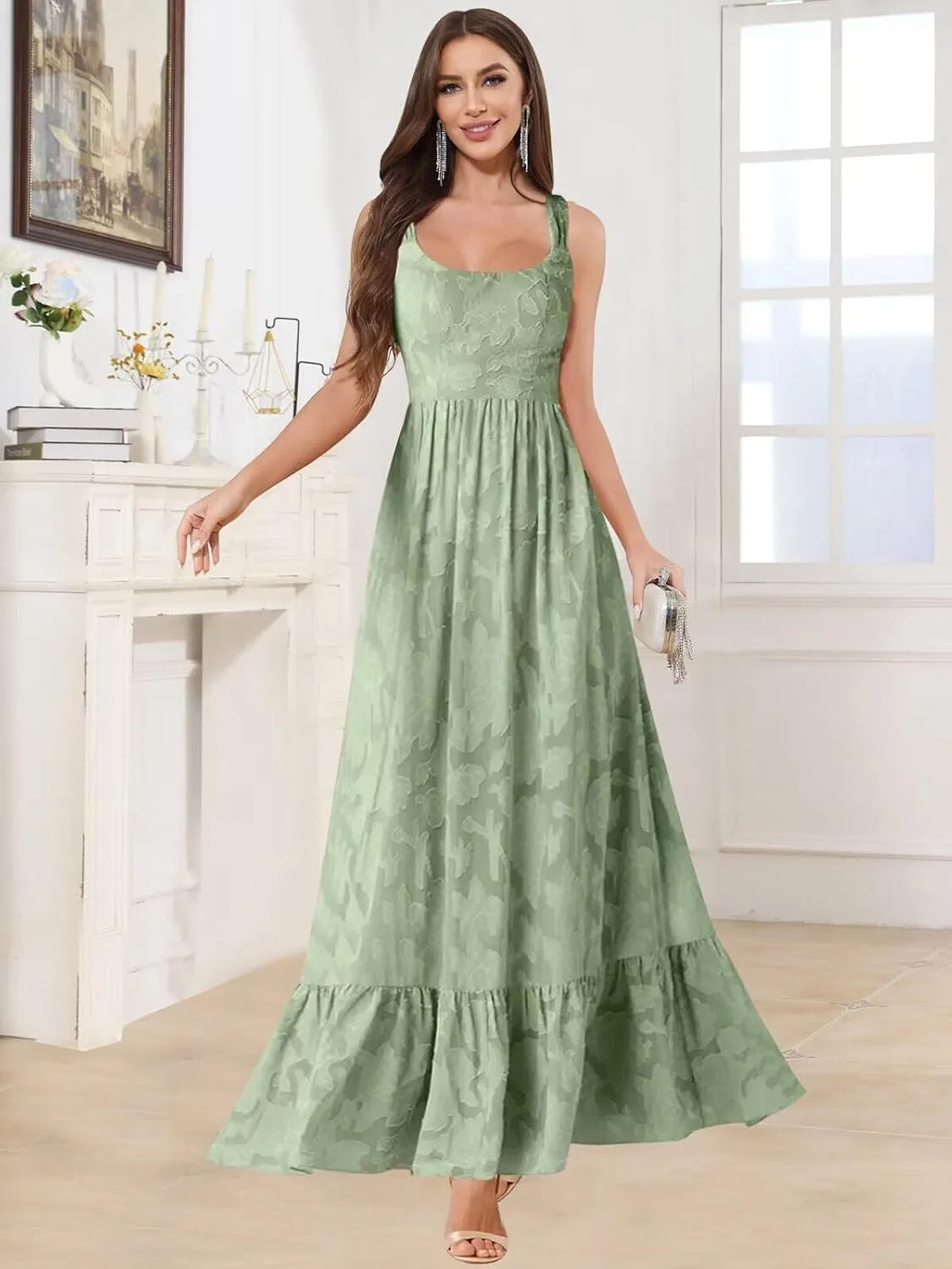 Женское длинное платье с жакардовым кружевом YH108, Emerald Green — фото 3