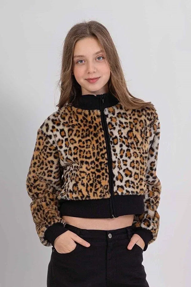 Детский кардиган для девочек с принтом Leopard print stand collar zipper closure girl's cropped cardigan Wakawakakidsstore, Black